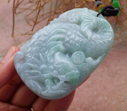 Certified Green Pale Lavender 100% Burma Natural A Jade jadeite pendant Dragon Fish Money Coin Necklace 龙鱼 518902 TN