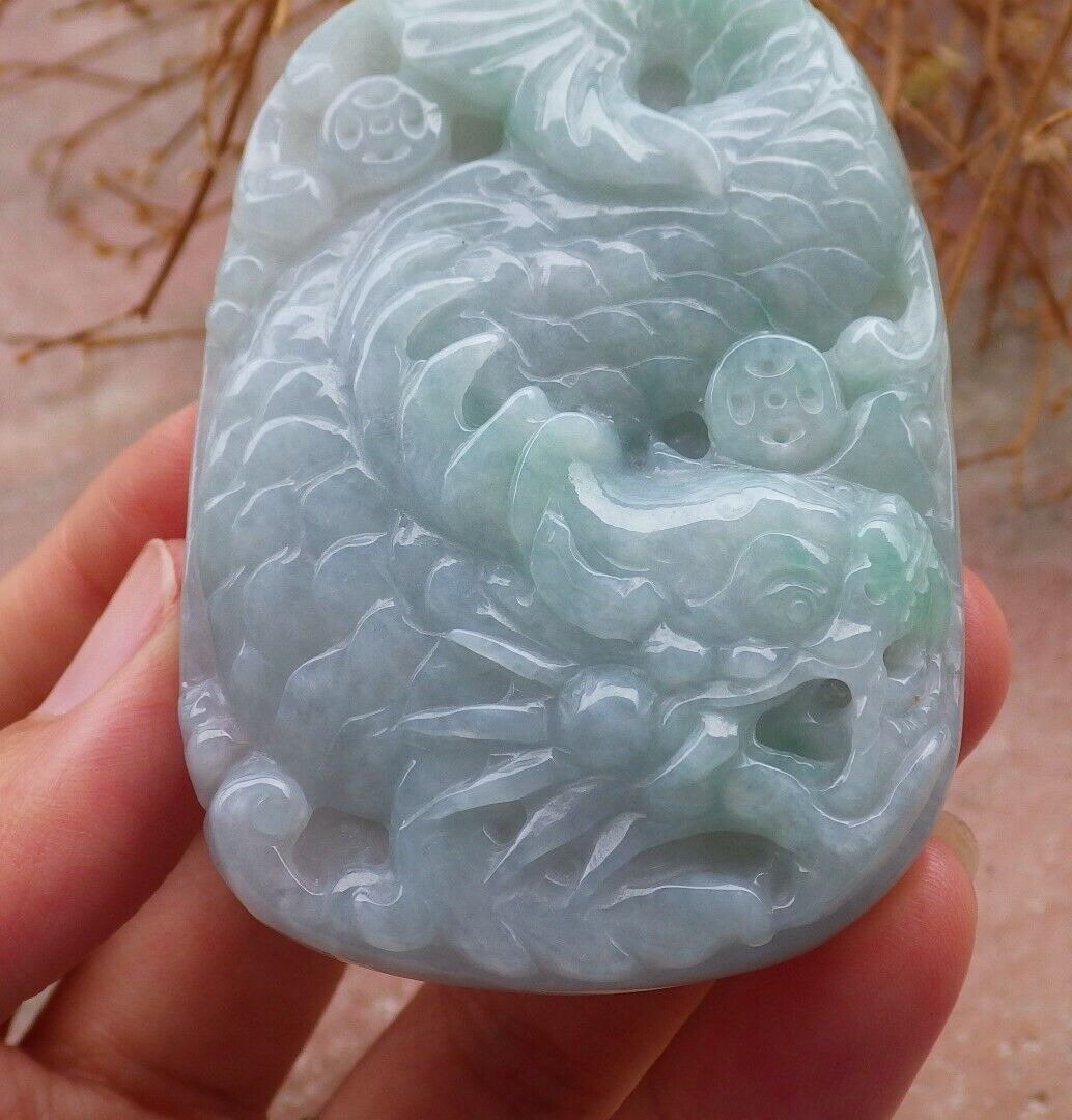 Certified Green Pale Lavender 100% Burma Natural A Jade jadeite pendant Dragon Fish Money Coin Necklace 龙鱼 518902 TN