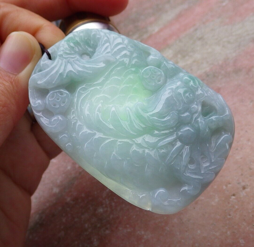 Certified Green Pale Lavender 100% Burma Natural A Jade jadeite pendant Dragon Fish Money Coin Necklace 龙鱼 518902 TN