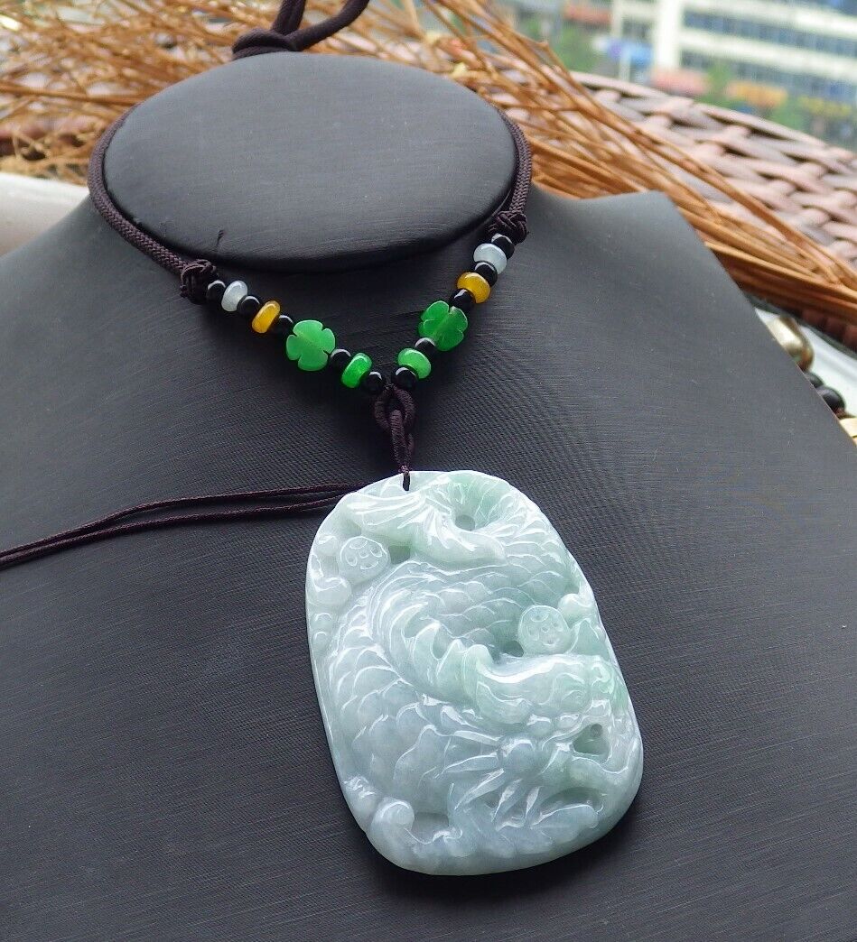 Certified Green Pale Lavender 100% Burma Natural A Jade jadeite pendant Dragon Fish Money Coin Necklace 龙鱼 518902 TN
