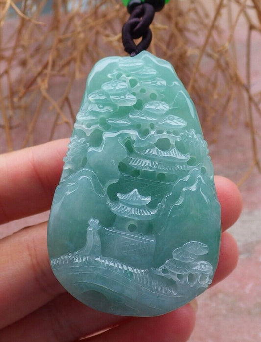 Certified Green Lavender 100% Burma Natural A Jade jadeite Landscape painting Tree Necklace Necklace 山水画 518919 TN