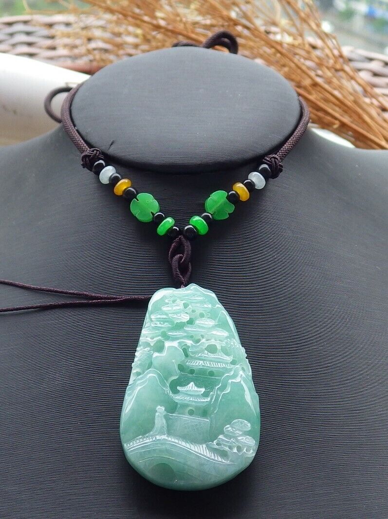 Certified Green Lavender 100% Burma Natural A Jade jadeite Landscape painting Tree Necklace Necklace 山水画 518919 TN