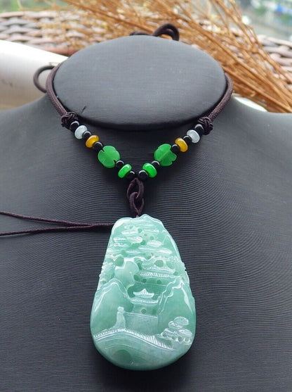 Certified Green Lavender 100% Burma Natural A Jade jadeite Landscape painting Tree Necklace Necklace 山水画 518919 TN