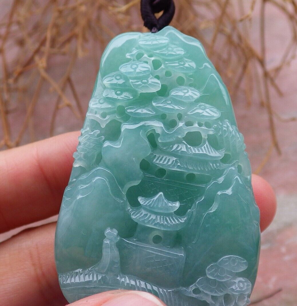 Certified Green Lavender 100% Burma Natural A Jade jadeite Landscape painting Tree Necklace Necklace 山水画 518919 TN