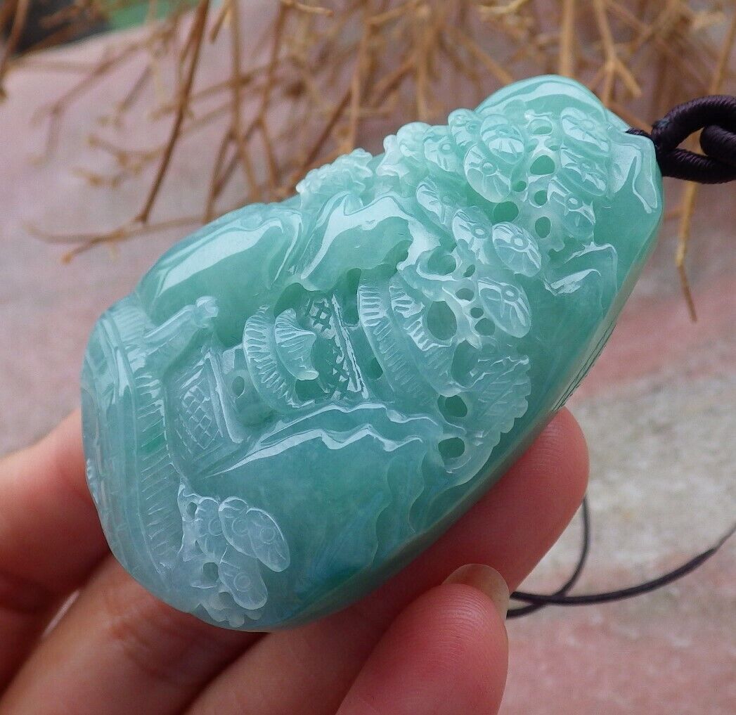 Certified Green Lavender 100% Burma Natural A Jade jadeite Landscape painting Tree Necklace Necklace 山水画 518919 TN