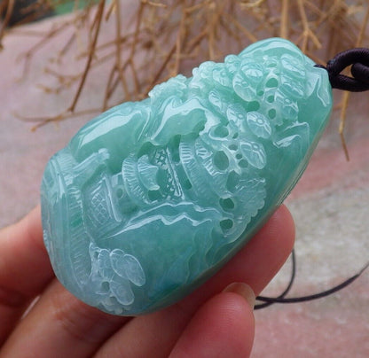 Certified Green Lavender 100% Burma Natural A Jade jadeite Landscape painting Tree Necklace Necklace 山水画 518919 TN