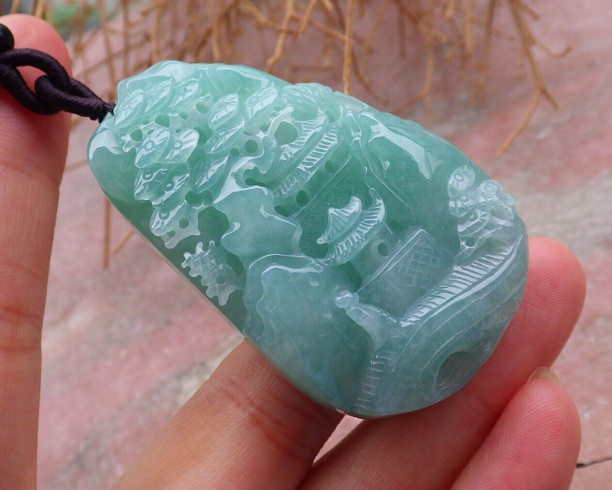 Certified Green Lavender 100% Burma Natural A Jade jadeite Landscape painting Tree Necklace Necklace 山水画 518919 TN