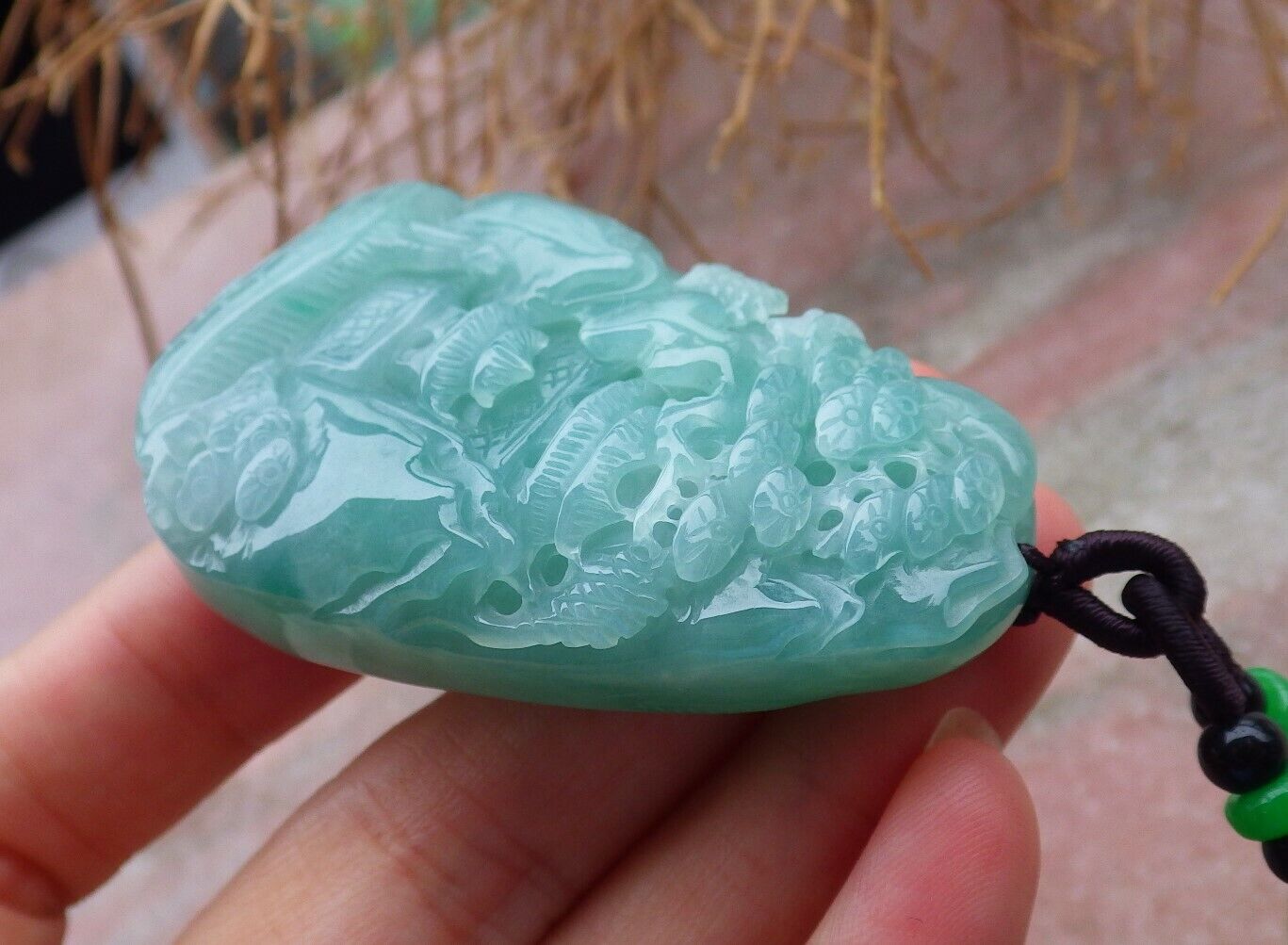 Certified Green Lavender 100% Burma Natural A Jade jadeite Landscape painting Tree Necklace Necklace 山水画 518919 TN