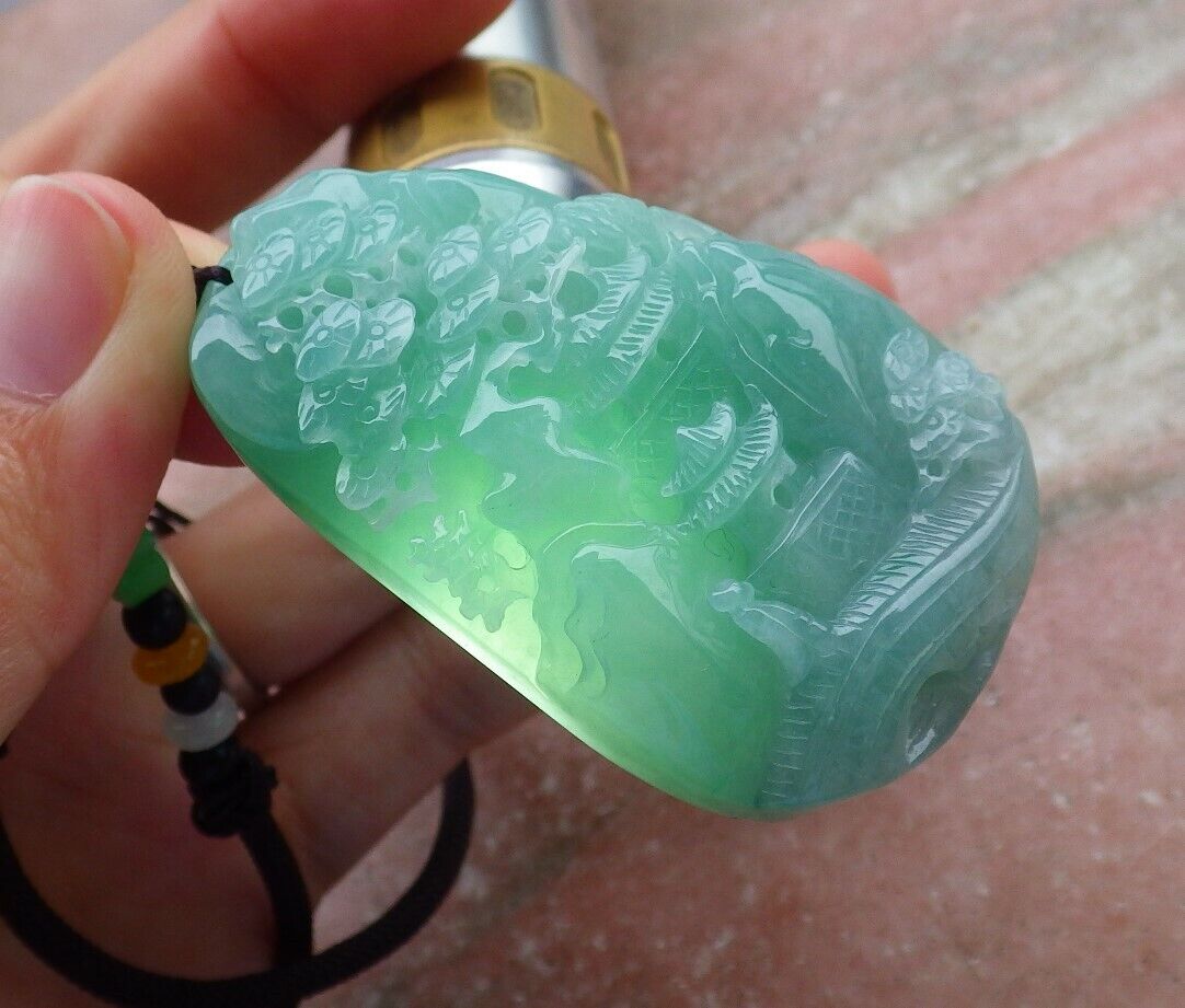 Certified Green Lavender 100% Burma Natural A Jade jadeite Landscape painting Tree Necklace Necklace 山水画 518919 TN