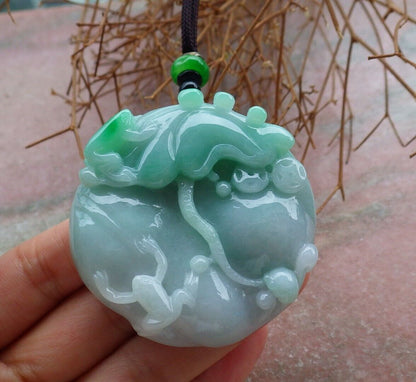 Certified Green 100% Burma Natural A Jade jadeite Pendant Frog Toad Lotus Flower Leaf Money Coin Necklace 招财蟾 521328 TN