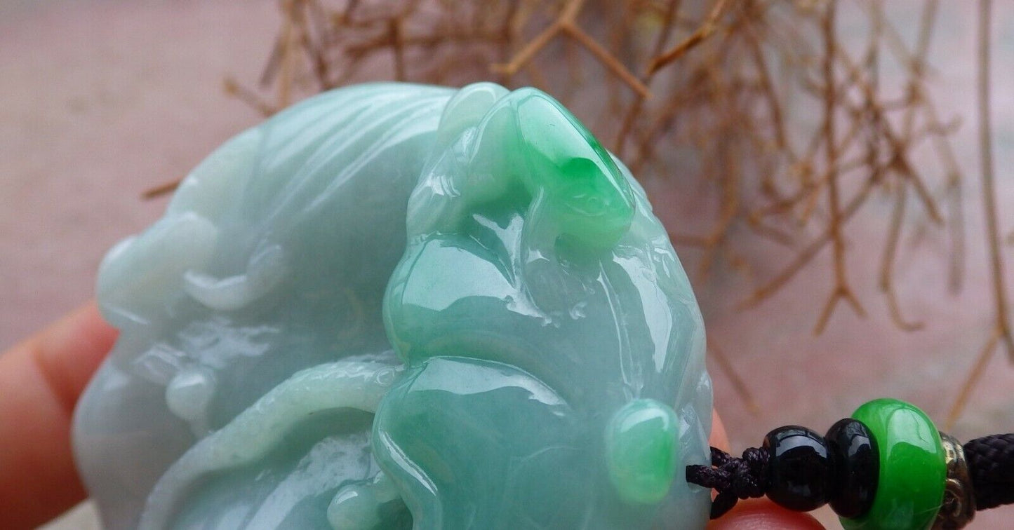 Certified Green 100% Burma Natural A Jade jadeite Pendant Frog Toad Lotus Flower Leaf Money Coin Necklace 招财蟾 521328 TN