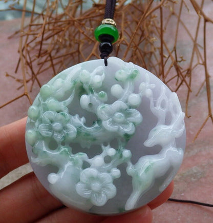 Certified Green Pale Lavender 100% Burma Natural A Jade jadeite Pendant Deer Flower Ruyi Necklace 梅花鹿 521363 TN