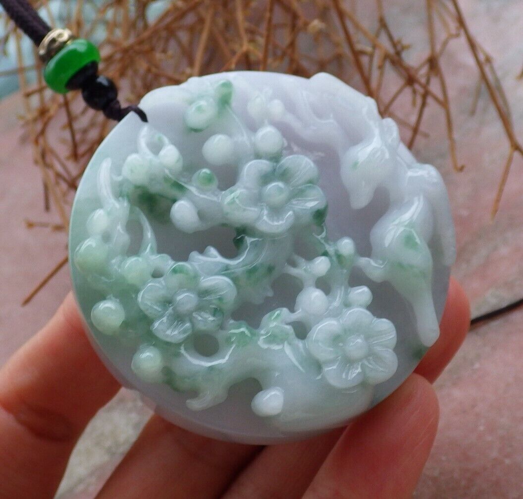 Certified Green Pale Lavender 100% Burma Natural A Jade jadeite Pendant Deer Flower Ruyi Necklace 梅花鹿 521363 TN