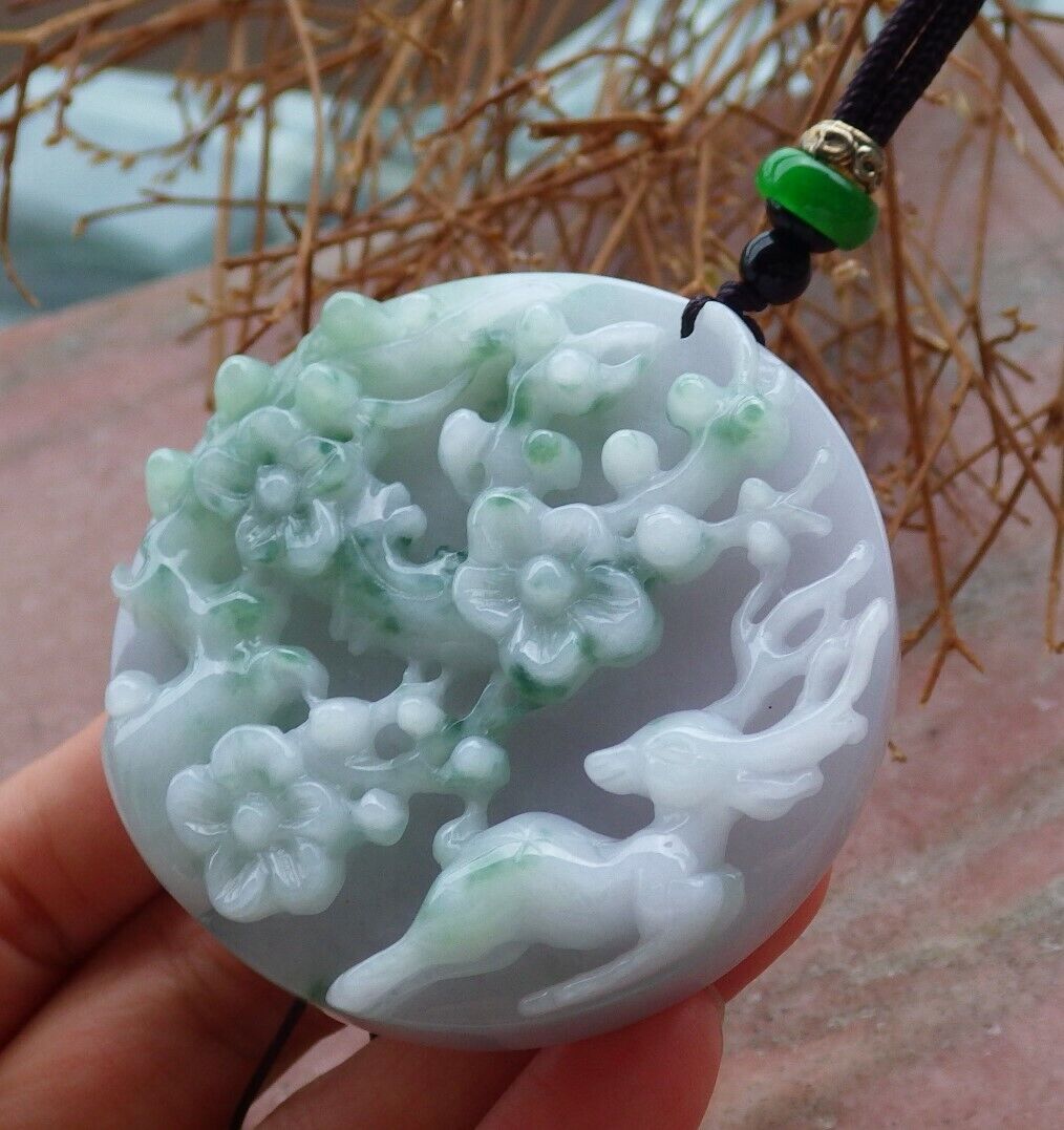 Certified Green Pale Lavender 100% Burma Natural A Jade jadeite Pendant Deer Flower Ruyi Necklace 梅花鹿 521363 TN