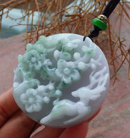 Certified Green Pale Lavender 100% Burma Natural A Jade jadeite Pendant Deer Flower Ruyi Necklace 梅花鹿 521363 TN