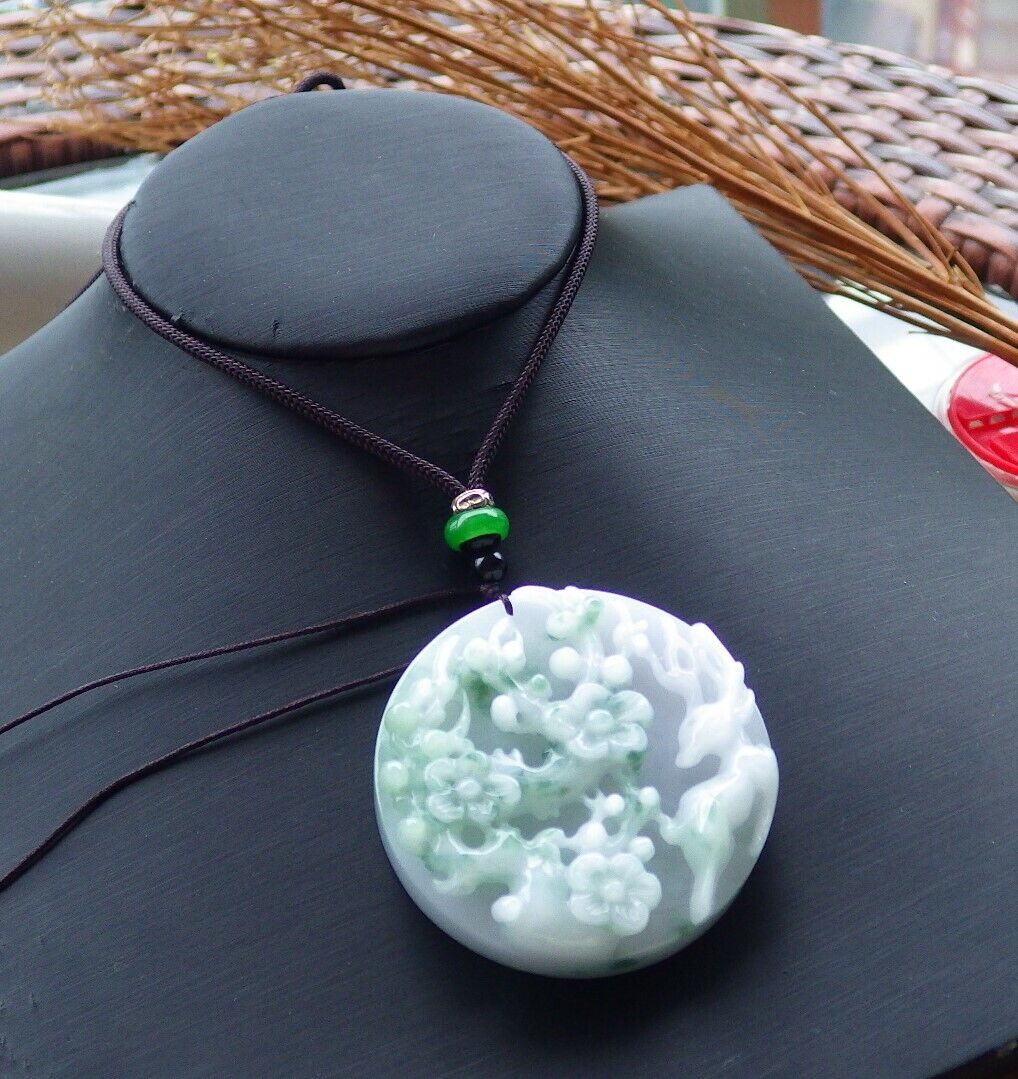 Certified Green Pale Lavender 100% Burma Natural A Jade jadeite Pendant Deer Flower Ruyi Necklace 梅花鹿 521363 TN
