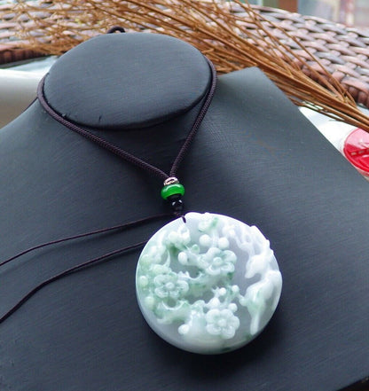 Certified Green Pale Lavender 100% Burma Natural A Jade jadeite Pendant Deer Flower Ruyi Necklace 梅花鹿 521363 TN