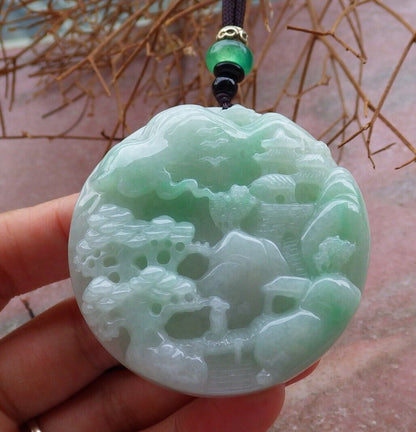 Certified Green 100% Burma Natural A Jade jadeite Landscape painting Tree Necklace 山水画 521504 TN