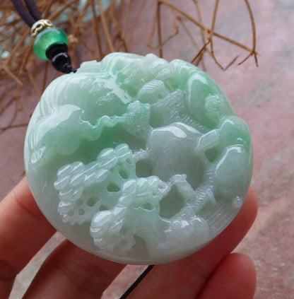 Certified Green 100% Burma Natural A Jade jadeite Landscape painting Tree Necklace 山水画 521504 TN