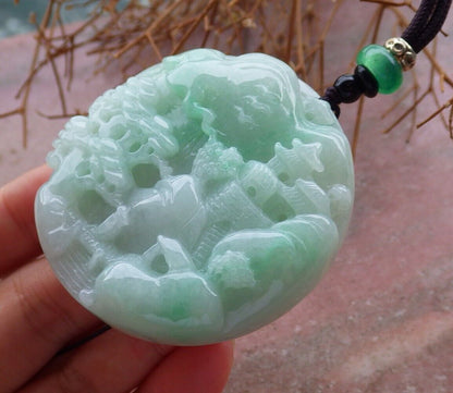 Certified Green 100% Burma Natural A Jade jadeite Landscape painting Tree Necklace 山水画 521504 TN