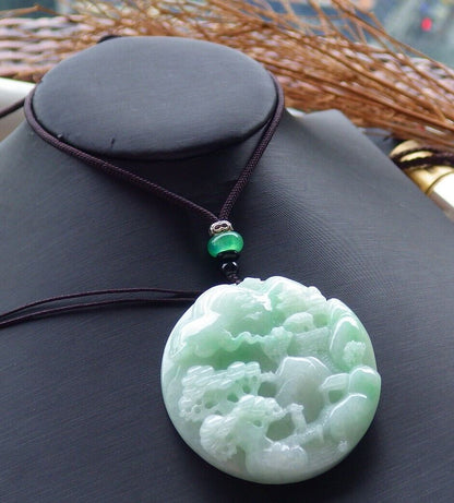 Certified Green 100% Burma Natural A Jade jadeite Landscape painting Tree Necklace 山水画 521504 TN