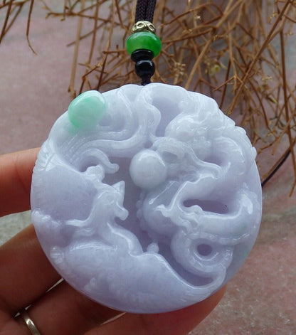 Certified Green Pale Lavender 100% Burma Natural A Jade jadeite Pendant Dragon Phoenix Spit Bead Necklace  521542 TN