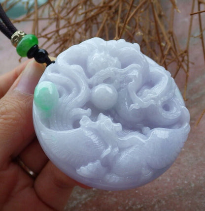 Certified Green Pale Lavender 100% Burma Natural A Jade jadeite Pendant Dragon Phoenix Spit Bead Necklace  521542 TN