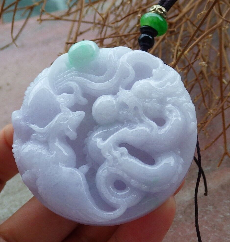 Certified Green Pale Lavender 100% Burma Natural A Jade jadeite Pendant Dragon Phoenix Spit Bead Necklace  521542 TN