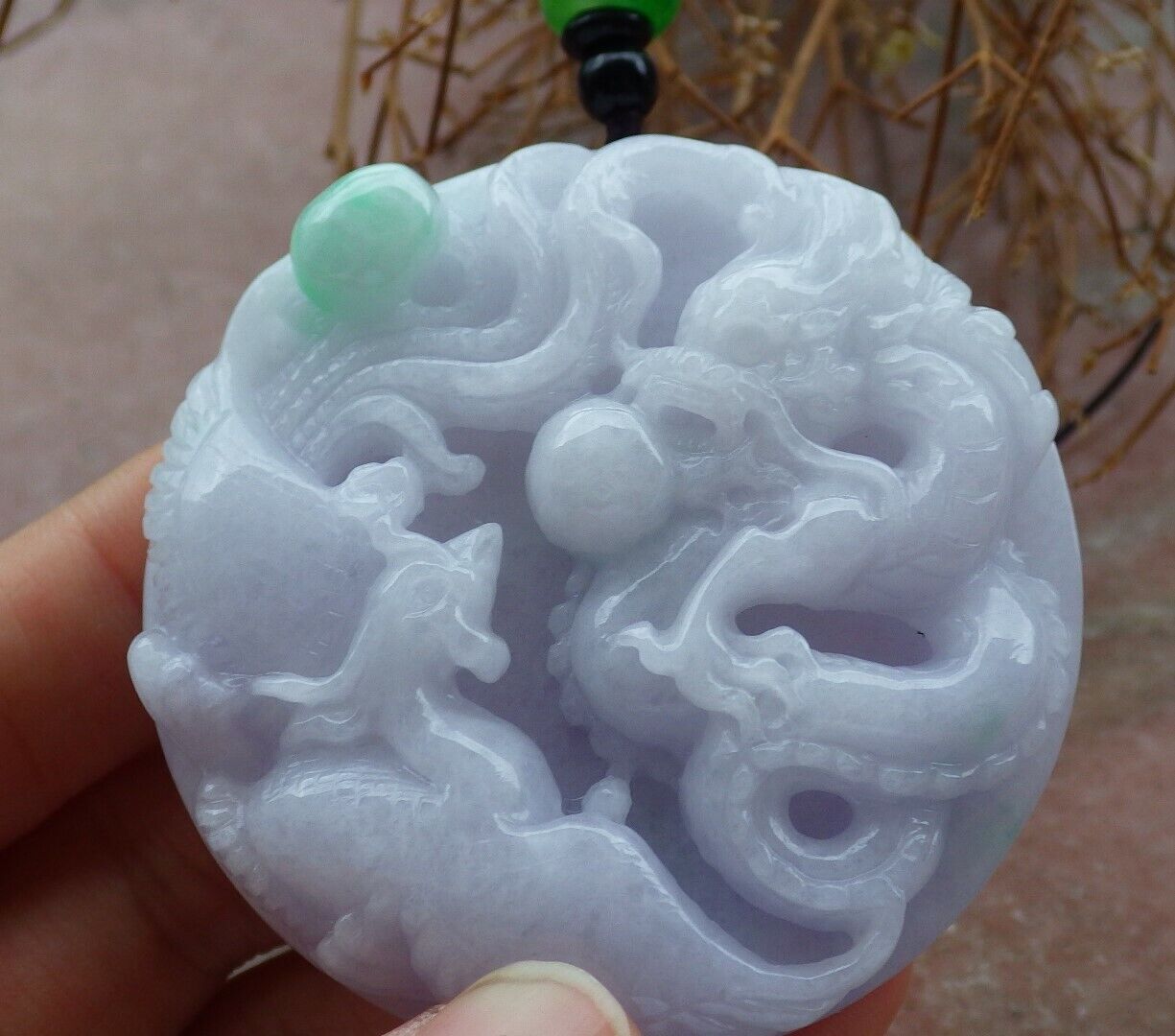 Certified Green Pale Lavender 100% Burma Natural A Jade jadeite Pendant Dragon Phoenix Spit Bead Necklace  521542 TN