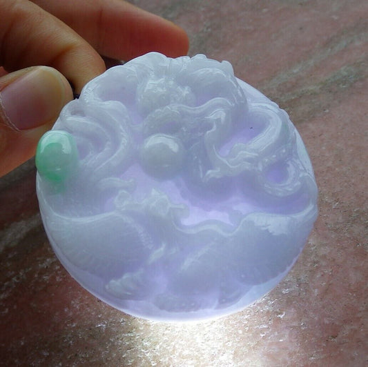 Certified Green Pale Lavender 100% Burma Natural A Jade jadeite Pendant Dragon Phoenix Spit Bead Necklace  521542 TN