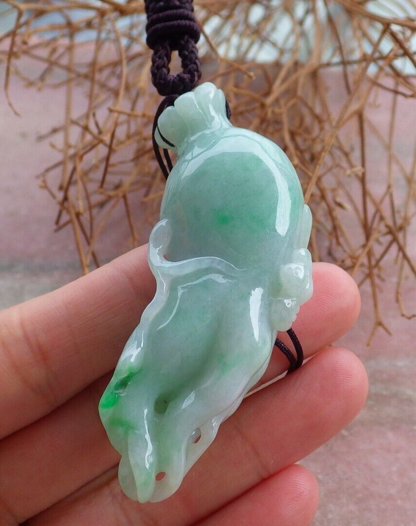 Certified Green 100% Burma Natural A Jade jadeite Pendant Bat Ginseng Necklace 风水貔貅 521680 TN