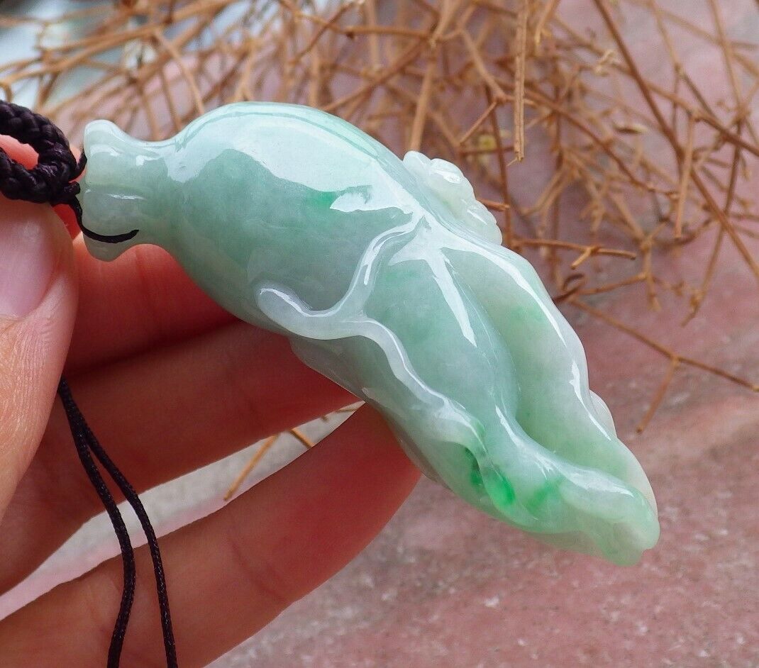 Certified Green 100% Burma Natural A Jade jadeite Pendant Bat Ginseng Necklace 风水貔貅 521680 TN