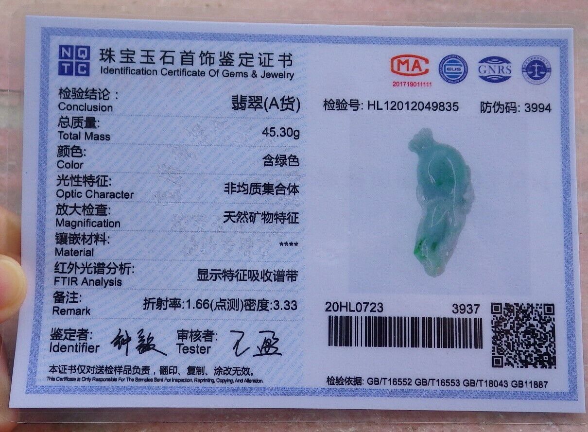 Certified Green 100% Burma Natural A Jade jadeite Pendant Bat Ginseng Necklace 风水貔貅 521680 TN