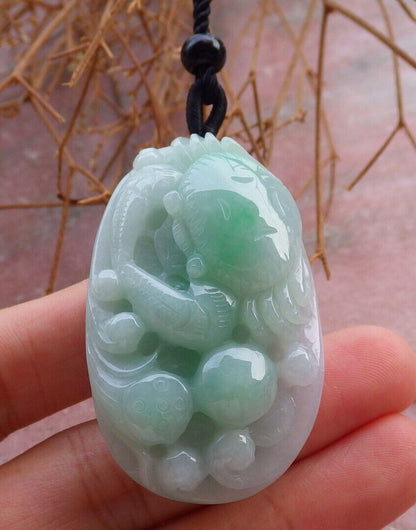 Certified Green 100% Burma Natural A Jade jadeite Pendant Crab Lotus Flower Coin Necklace 八方来财 521711 TN