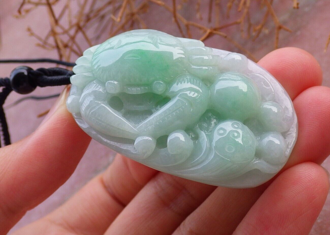 Certified Green 100% Burma Natural A Jade jadeite Pendant Crab Lotus Flower Coin Necklace 八方来财 521711 TN