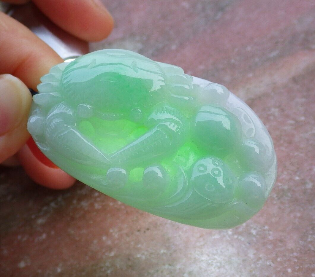 Certified Green 100% Burma Natural A Jade jadeite Pendant Crab Lotus Flower Coin Necklace 八方来财 521711 TN