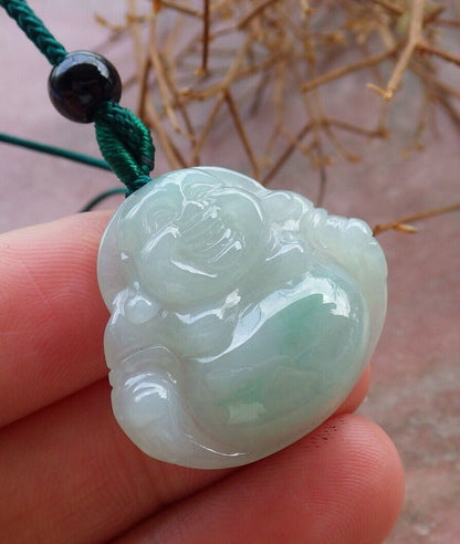 Certified Icy Green 100% Burma Natural A Jade jadeite pendant Happy Buddha God Coin Necklace 开心佛 521905 TN