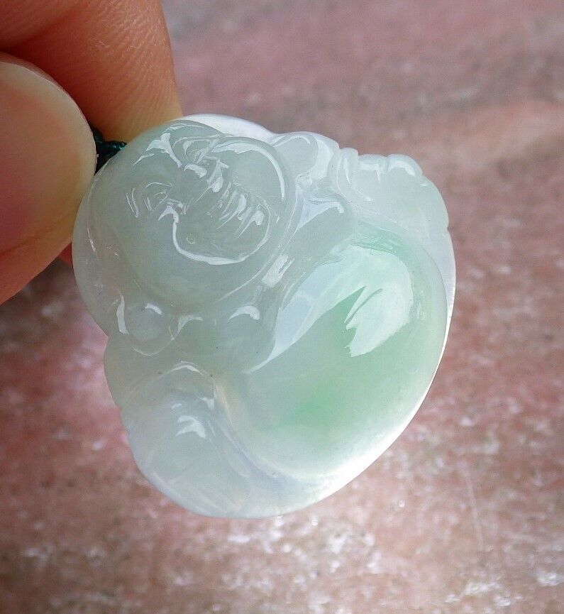 Certified Icy Green 100% Burma Natural A Jade jadeite pendant Happy Buddha God Coin Necklace 开心佛 521905 TN