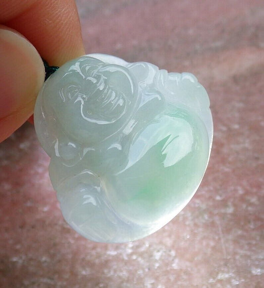 Certified Icy Green 100% Burma Natural A Jade jadeite pendant Happy Buddha God Coin Necklace 开心佛 521905 TN
