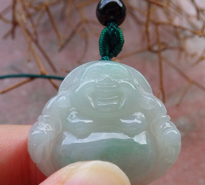 Certified Icy Green 100% Burma Natural A Jade jadeite pendant Happy Buddha God Coin Necklace 开心佛 521905 TN