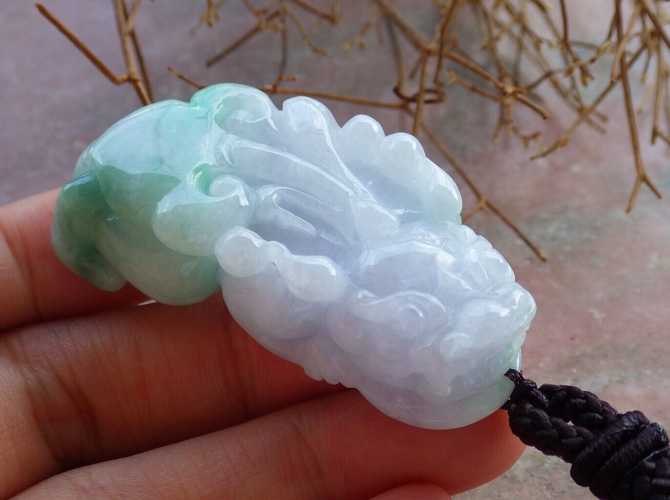 Certified Green Pale Lavender 100% Burma Natural A Jade jadeite Pendant Dragon Pi Xiu Ruyi Money Coin Necklace 风水貔貅 521966 TN