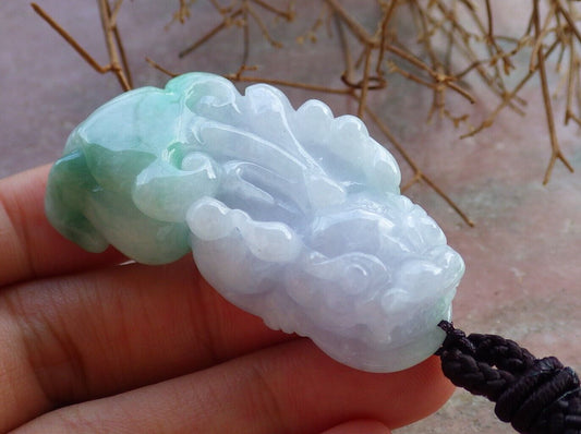 Certified Green Pale Lavender 100% Burma Natural A Jade jadeite Pendant Dragon Pi Xiu Ruyi Money Coin Necklace 风水貔貅 521966 TN