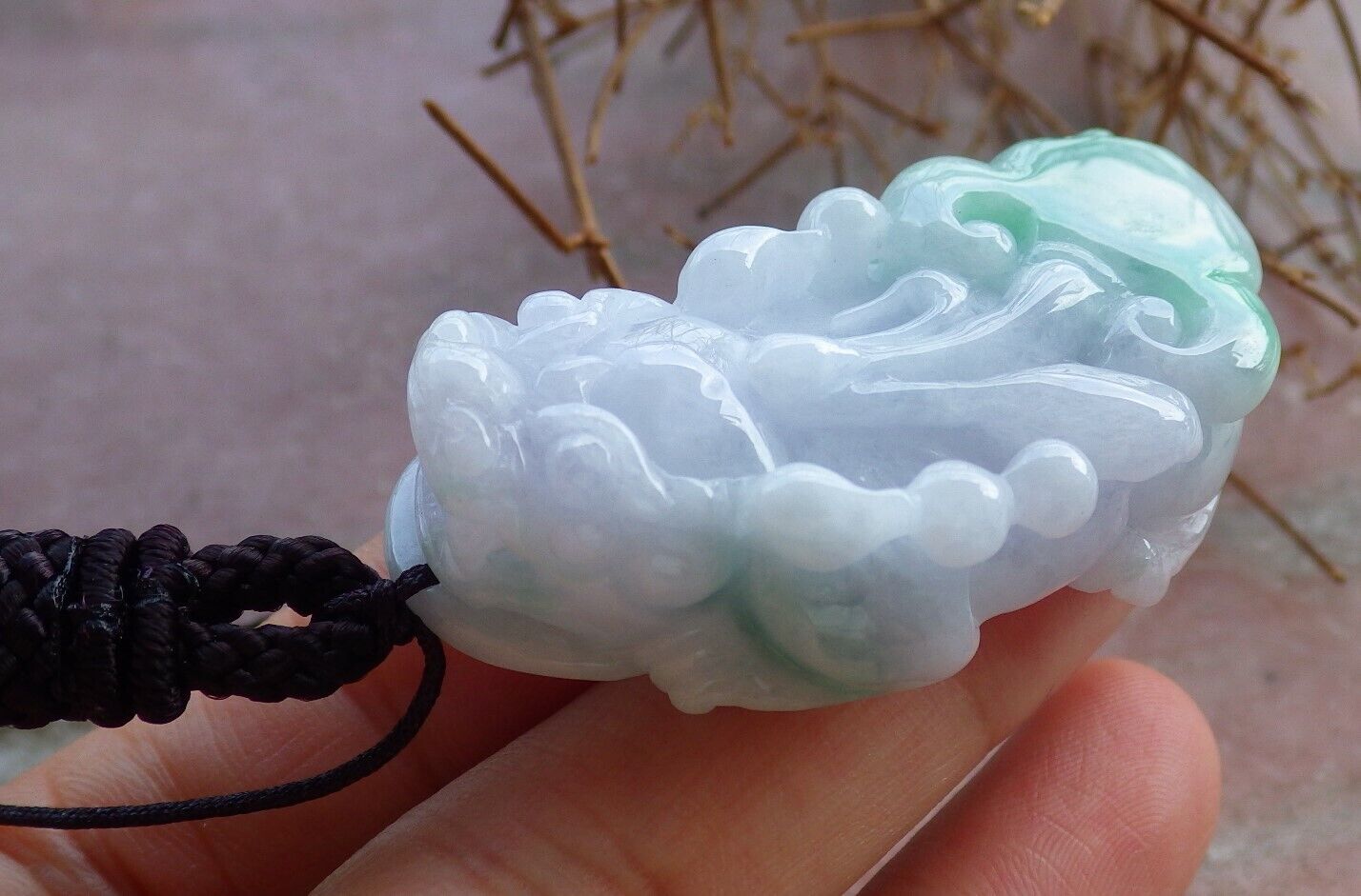 Certified Green Pale Lavender 100% Burma Natural A Jade jadeite Pendant Dragon Pi Xiu Ruyi Money Coin Necklace 风水貔貅 521966 TN