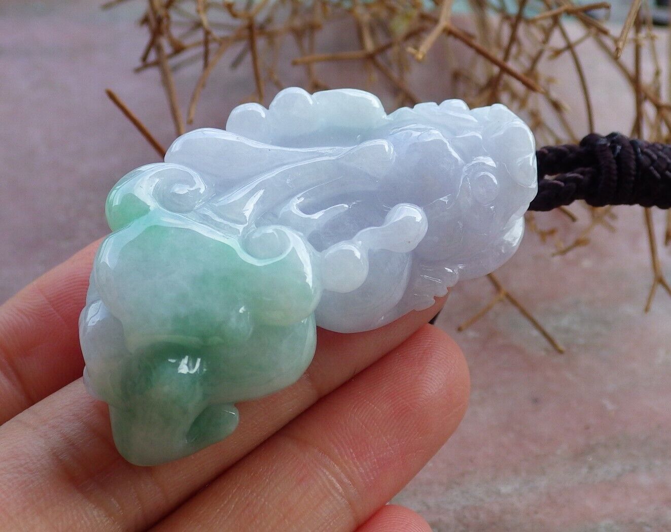 Certified Green Pale Lavender 100% Burma Natural A Jade jadeite Pendant Dragon Pi Xiu Ruyi Money Coin Necklace 风水貔貅 521966 TN