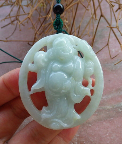 Certified Green 100% Burma Natural A Jade jadeite pendant Happy Buddha God Ruyi Necklace 开心佛 521982 TN