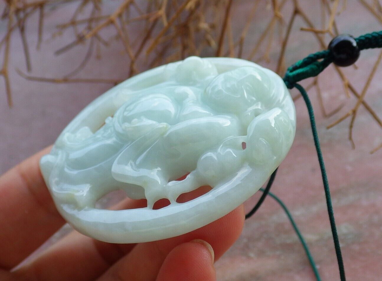 Certified Green 100% Burma Natural A Jade jadeite pendant Happy Buddha God Ruyi Necklace 开心佛 521982 TN