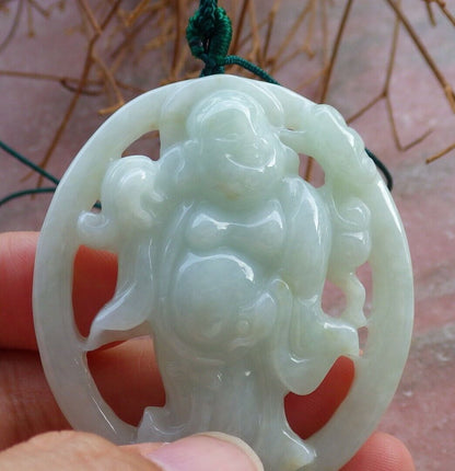 Certified Green 100% Burma Natural A Jade jadeite pendant Happy Buddha God Ruyi Necklace 开心佛 521982 TN