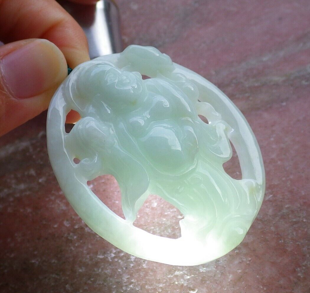 Certified Green 100% Burma Natural A Jade jadeite pendant Happy Buddha God Ruyi Necklace 开心佛 521982 TN