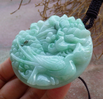 Certified Green 100% Burma Natural A Jade jadeite Pendant Peacock Phoenix Flower Necklace 孔雀 凤凰 521989 TN
