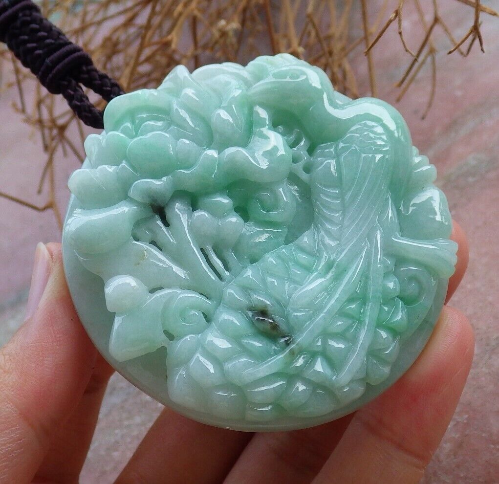 Certified Green 100% Burma Natural A Jade jadeite Pendant Peacock Phoenix Flower Necklace 孔雀 凤凰 521989 TN